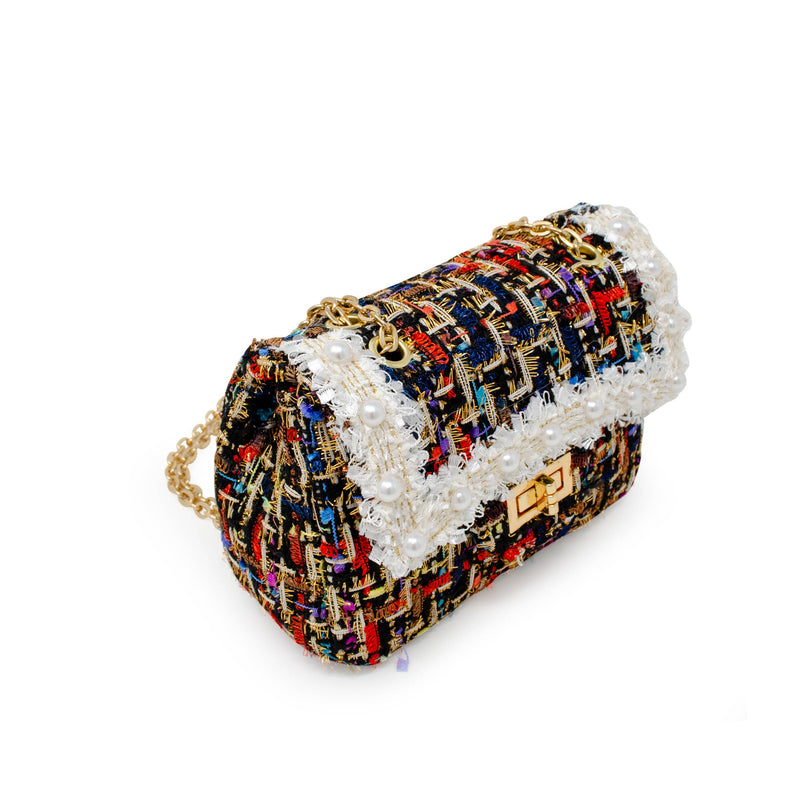 Classic Tweed Handbag with Pearls: Blue