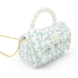 Pink girls tweed jumbo pearl bow handbag by Tiny Treats and ZOMI GEMS with elegant pearl accents and a stylish bow detail.
