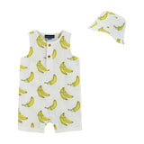 Infant White Banana Printed Woven Tank Romper w/Bucket Hat: White