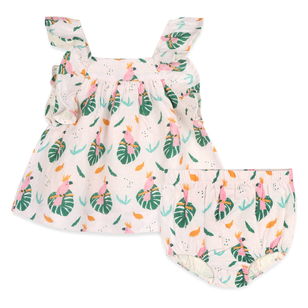 Parrot Ruffle Sleeve Baby Dress + Bloomer (Organic Muslin): LIGHT PINK