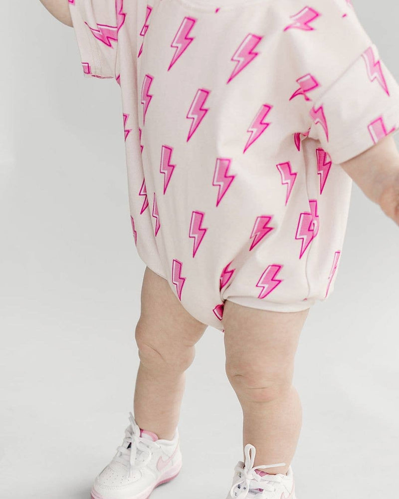 Short Sleeve Bubble Romper | Pink Bolts: 3-6M