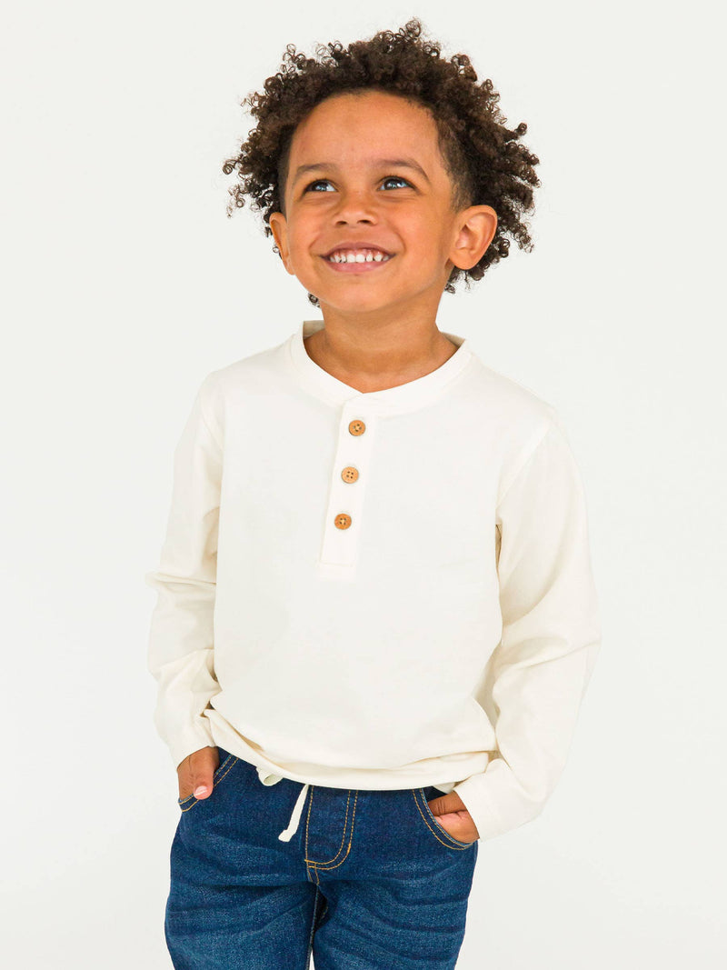 Boys Ivory Knit Long Sleeve Henley Tee: Off-White