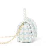 Pink girls tweed jumbo pearl bow handbag by Tiny Treats and ZOMI GEMS, featuring a stylish pearl adornment and bow detail.