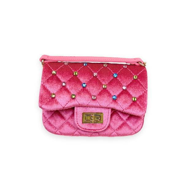 B1313 Colorful Gems Velvet Quilted Purse (6 Colors): FUCHSIA