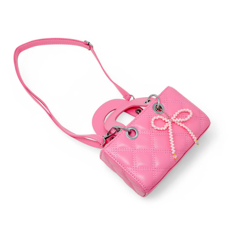 Quilted Rectangle Bow Charm Handbag: Hot Pink