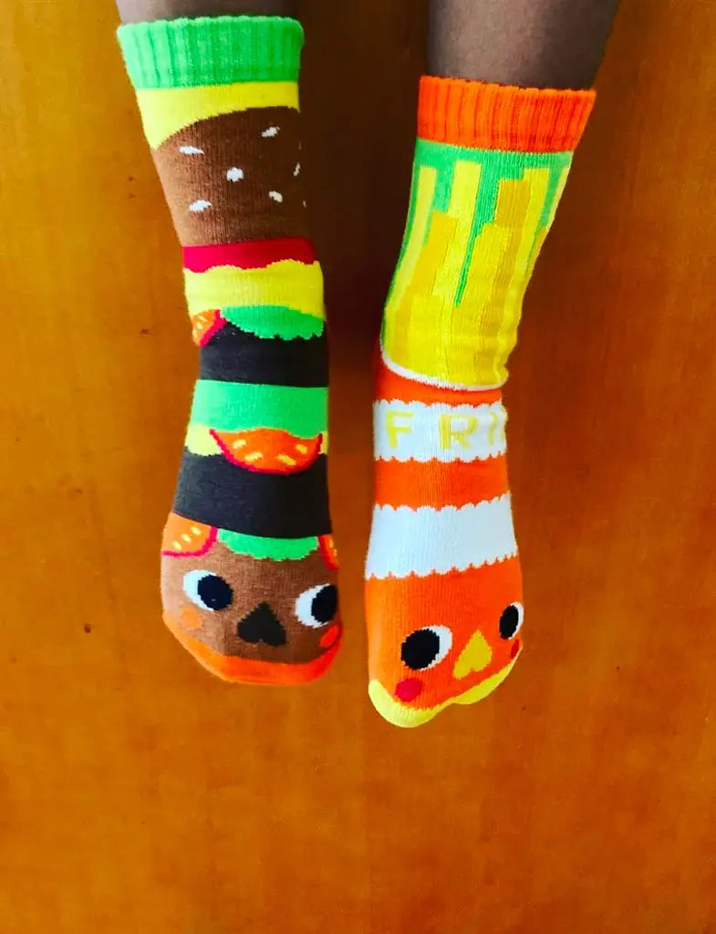 Burger & Fries - Fun Mismatched Non-Slip Socks for Kids: KIDS LARGE (4-6 YEARS)