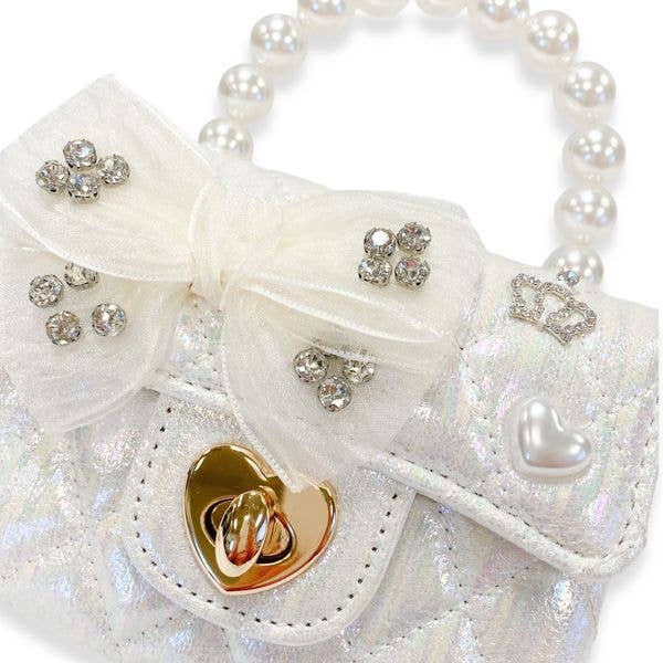 B1378 Embellished Bow Shiny Quilted Purse (2 Colors): White