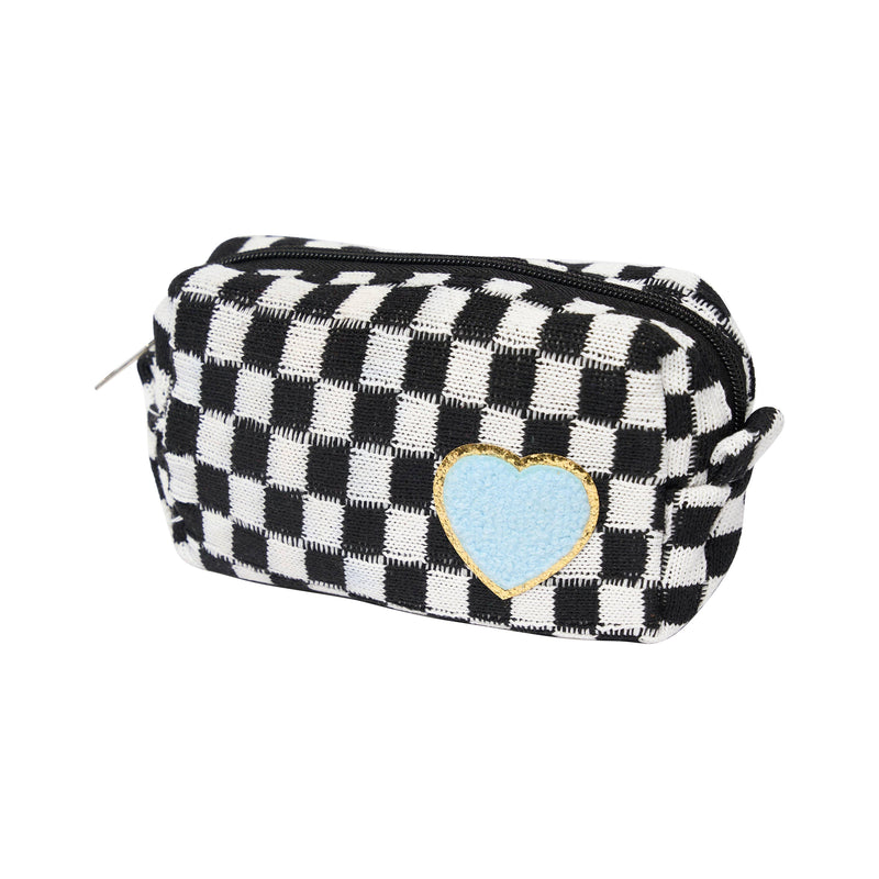 Checkered Cosmetic Bag w/ Glitter Chenile Patches for Tweens: Blue/White