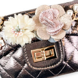 B1222 Floral Appliques Shinny Quilted Purse (5 Colors): PEWTER