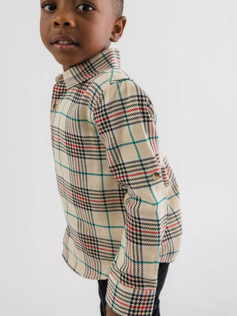 Boys Tannen Plaid Long Sleeve Button Down Shirt: Brown