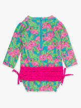 Baby Girls Neon Flamingo Long Sleeve One Piece Rash Guard Swimsuit with Signature Rear Ruffles: Blue / 0-3m
