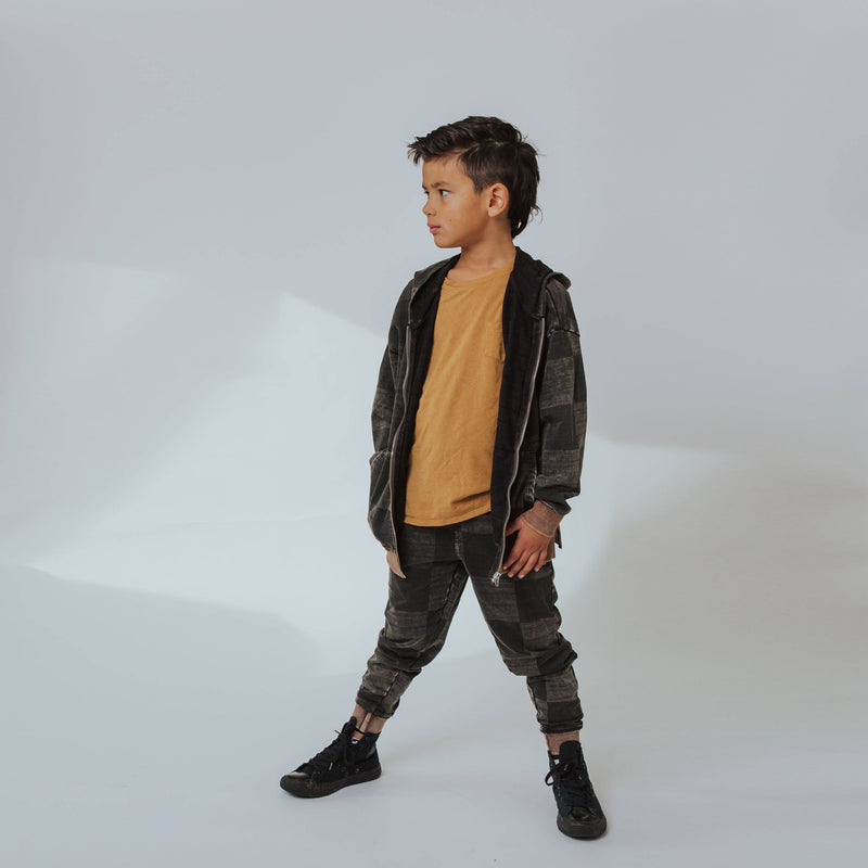 Zip Up Hoodie - Washed Black Denim Check