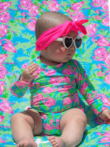 Baby Girls Neon Flamingo Long Sleeve One Piece Rash Guard Swimsuit with Signature Rear Ruffles: Blue / 0-3m