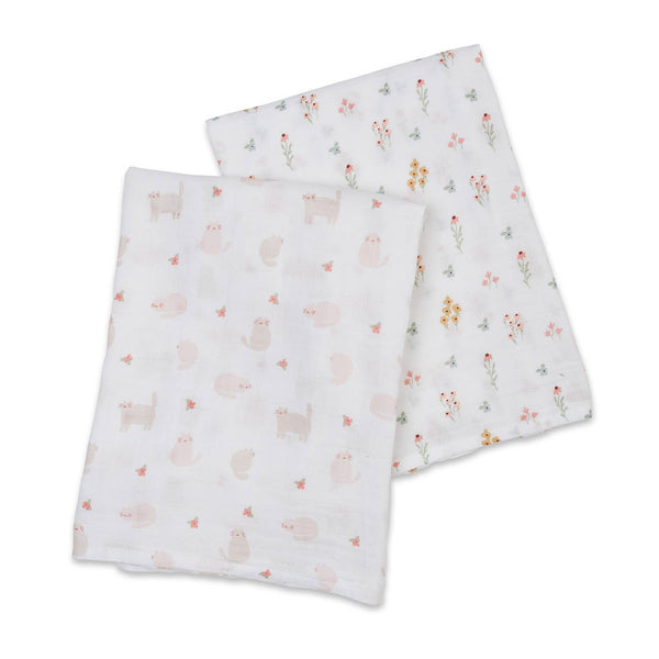 2-pack Cotton Swaddles -Kitty Cat/ Flower Field