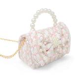 Pink girls' tweed jumbo pearl bow handbag by Tiny Treats and ZOMI GEMS featuring a stylish design and decorative pearl accents.