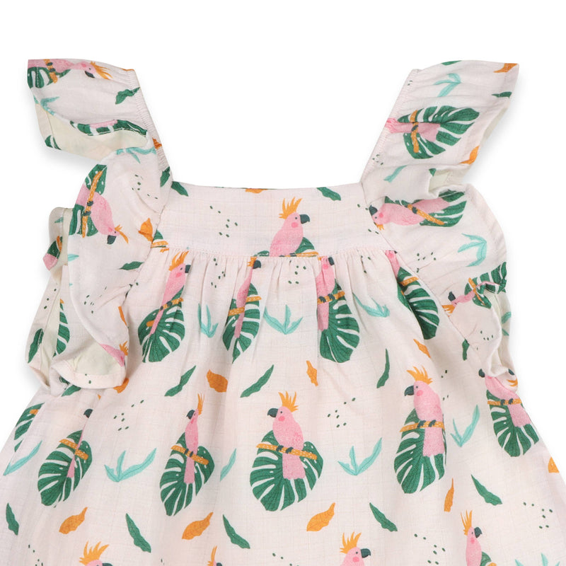 Parrot Ruffle Sleeve Baby Dress + Bloomer (Organic Muslin): LIGHT PINK