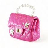 B1303 Pearl Handle Quilted Leather Purse w/ Charms: FUCHSIA