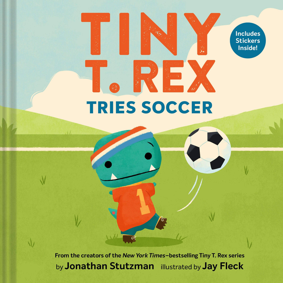 Tiny T. Rex Tries Soccer book by Chronicle Books featuring an illustration of a small T. Rex playing soccer.