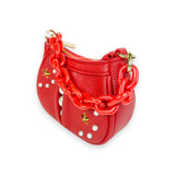 B1310 Pearl Studs Mini Leather Shoulder Bag: Fuchsia