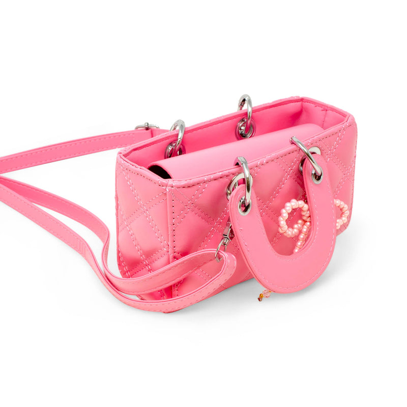 Quilted Rectangle Bow Charm Handbag: Hot Pink