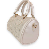 B1312 BLACK,PINK,CREAM,MULTI Pearl Studs Leather Barrel Bag: Multi