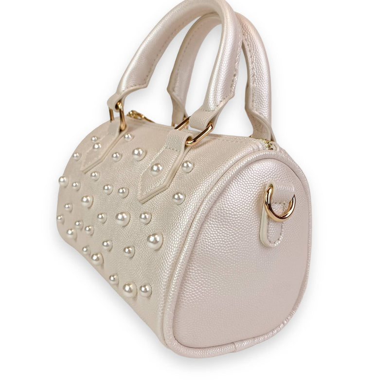 B1312 BLACK,PINK,CREAM,MULTI Pearl Studs Leather Barrel Bag: Multi