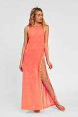 Petite Watermelon Tassel Slit Dress by pītusa, featuring a flowy design with tassel accents and a stylish slit, perfect for summer.