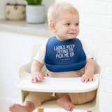 Blue Ladies Pick Me Up Wonder Bib by Bella Tunno, soft fabric with adjustable neck and fun printed design for babies.