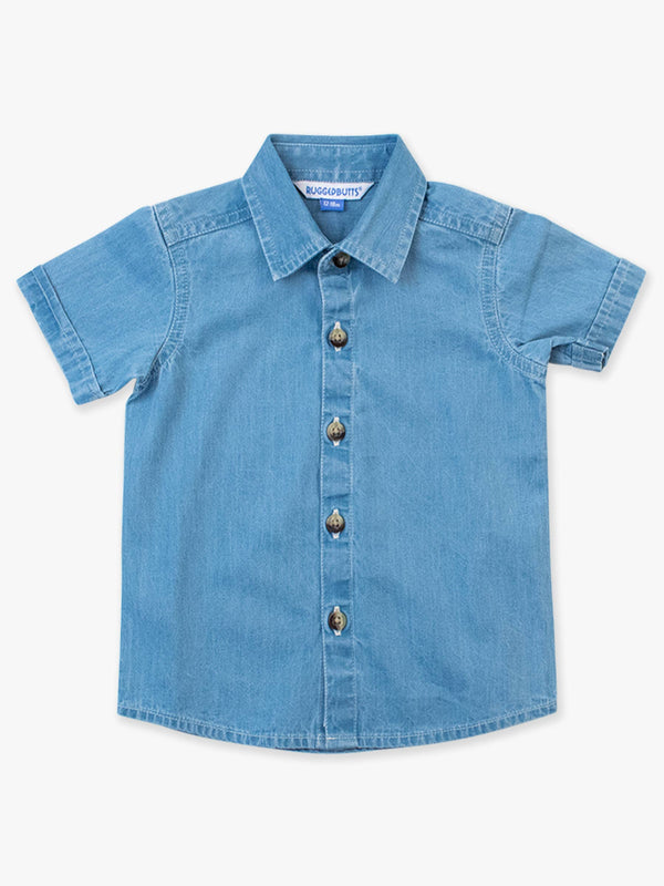 Boys Light Wash Denim Short Sleeve Button Down Shirt: Blue