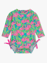Baby Girls Neon Flamingo Long Sleeve One Piece Rash Guard Swimsuit with Signature Rear Ruffles: Blue / 0-3m
