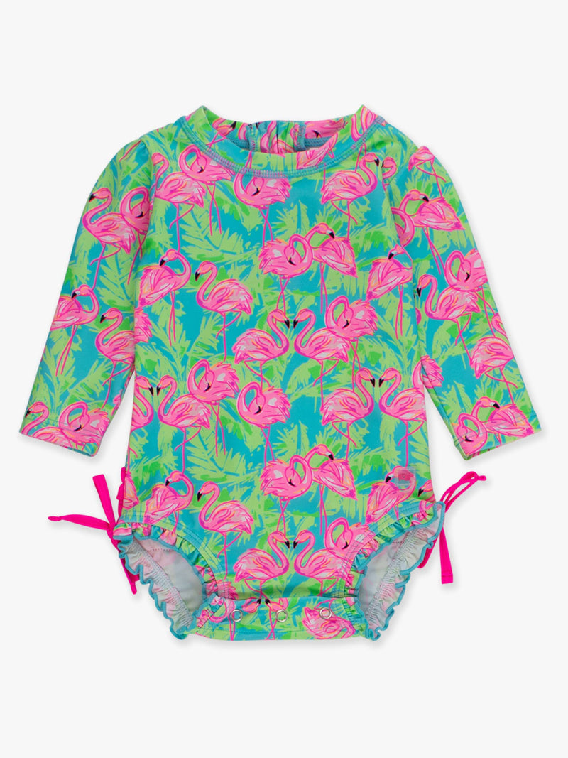 Baby Girls Neon Flamingo Long Sleeve One Piece Rash Guard Swimsuit with Signature Rear Ruffles: Blue / 0-3m