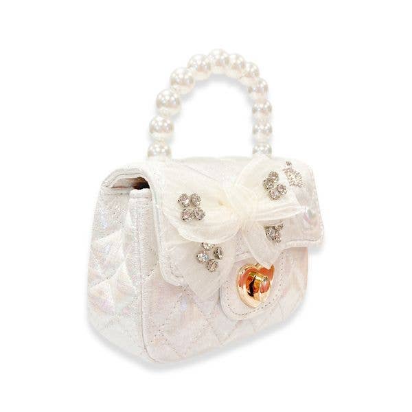 B1378 Embellished Bow Shiny Quilted Purse (2 Colors): White