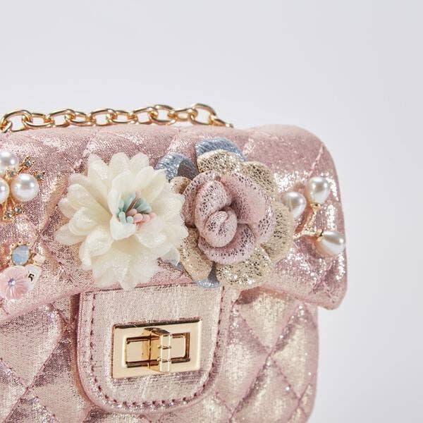 B1222 Floral Appliques Shinny Quilted Purse (5 Colors): PEWTER