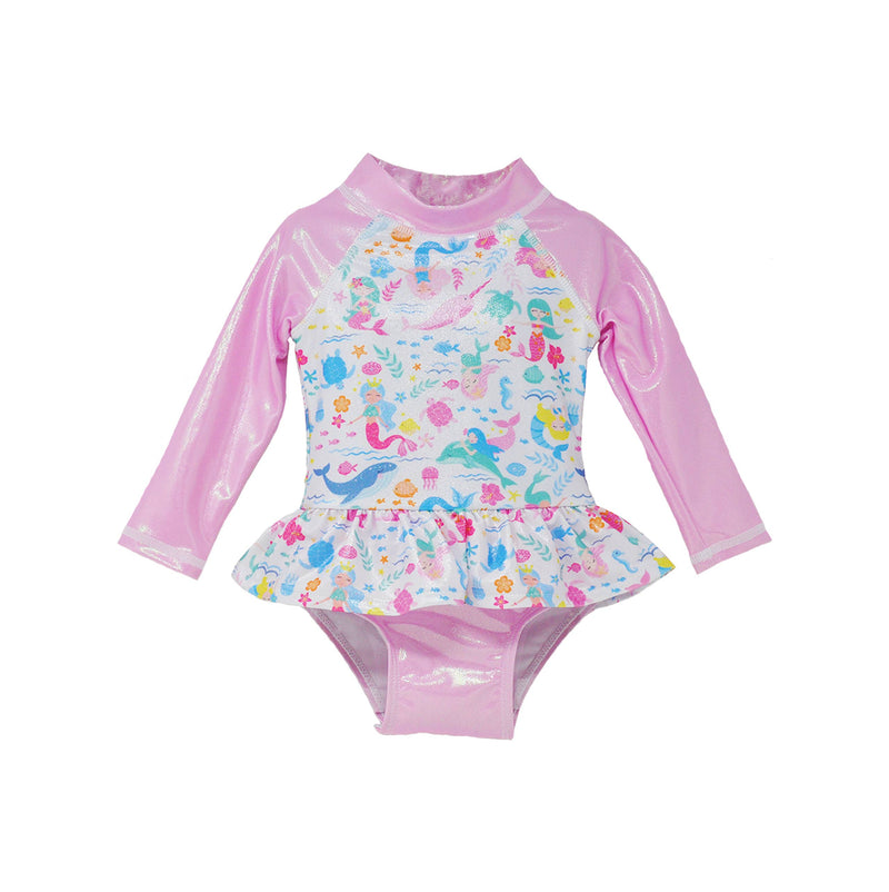 Baby Girls UPF50+ Alissa Infant Ruffle Rash Guard Swimsuit: Seaside Palms