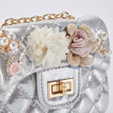 B1222 Floral Appliques Shinny Quilted Purse (5 Colors): PEWTER