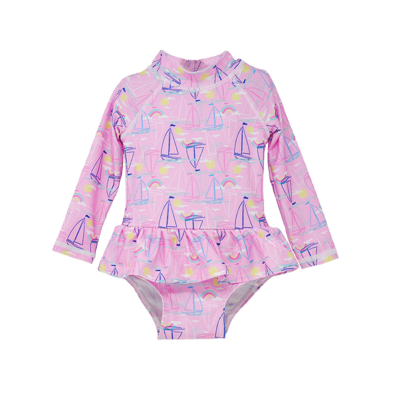 Baby Girls UPF50+ Alissa Infant Ruffle Rash Guard Swimsuit: Seaside Palms