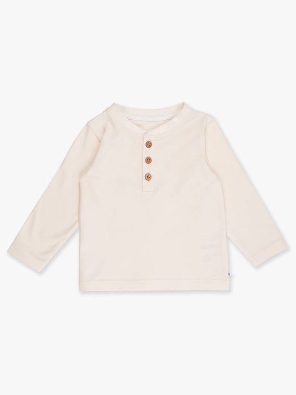Boys Ivory Knit Long Sleeve Henley Tee: Off-White