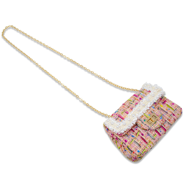 Classic Tweed Handbag with Pearls: Pink