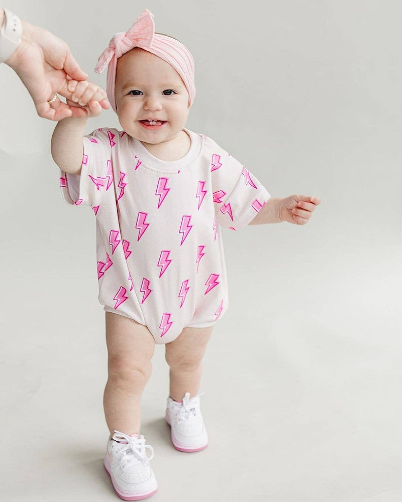 Short Sleeve Bubble Romper | Pink Bolts: 3-6M