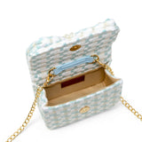 Pink girls tweed jumbo pearl bow handbag by Tiny Treats and ZOMI GEMS, featuring a stylish tweed design with a large pearl bow.