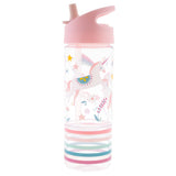 Pink unicorn Sip and Snack Bottle by Stephen Joseph Gifts, featuring a colorful unicorn design and a spill-proof lid.
