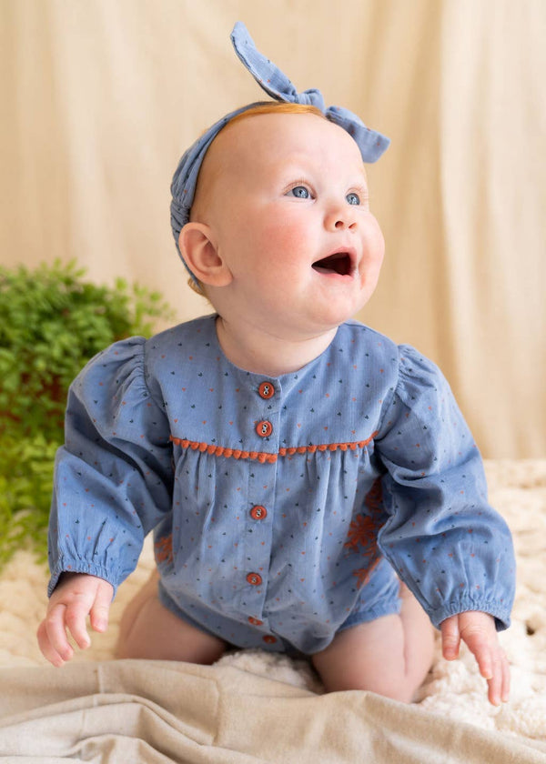 Floral Embroidered Corduroy Bubble Baby Romper (Organic): Coral Blue