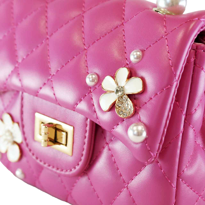 B1303 Pearl Handle Quilted Leather Purse w/ Charms: FUCHSIA