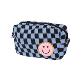 Checkered Cosmetic Bag w/ Glitter Chenile Patches for Tweens: Blue/White