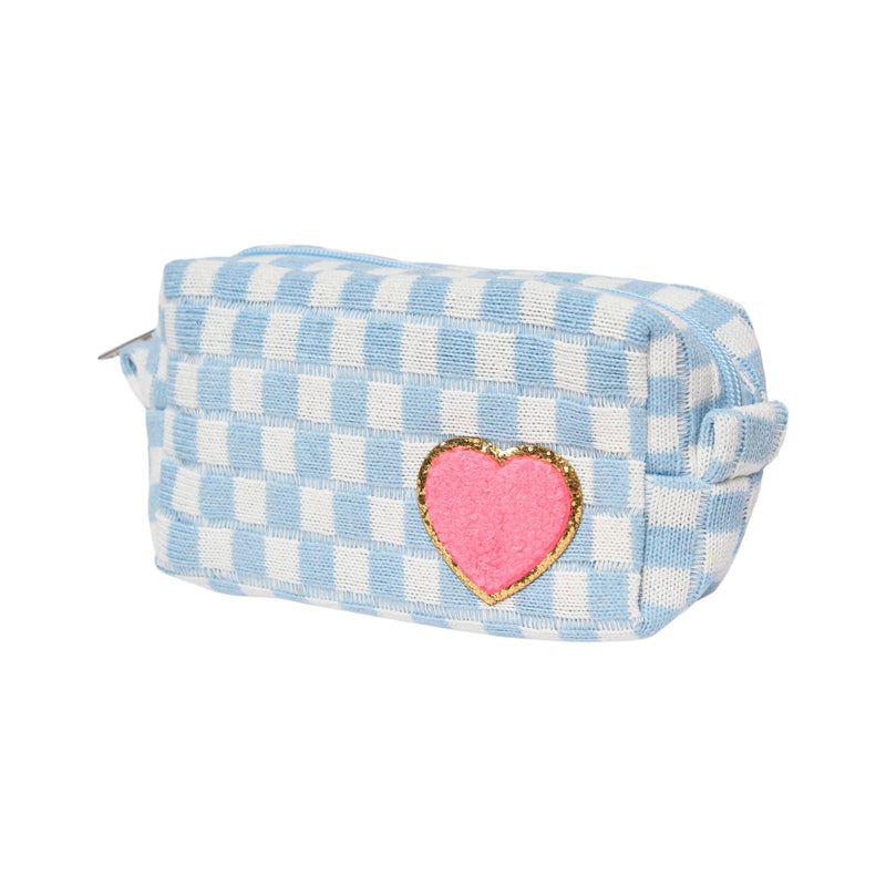 Checkered Cosmetic Bag w/ Glitter Chenile Patches for Tweens: Blue/White