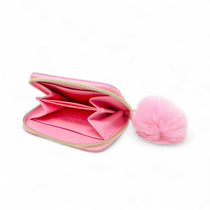 Teddy Pom Pom Zip Wallet: Pink