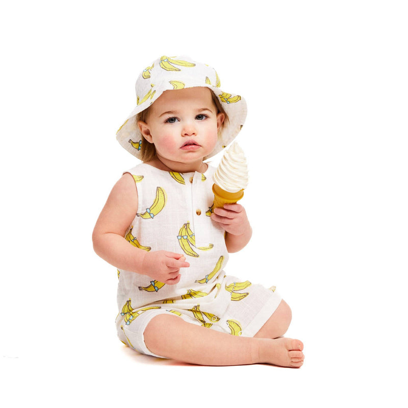 Infant White Banana Printed Woven Tank Romper w/Bucket Hat: White