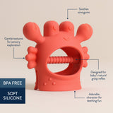 Itzy Ritzy Crab Bitzy Grip™ baby teether with crab design, soft silicone material, and textured surface for soothing gums.
