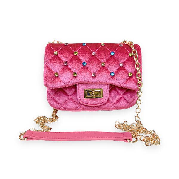 B1313 Colorful Gems Velvet Quilted Purse (6 Colors): FUCHSIA