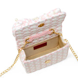 Pink girls tweed jumbo pearl bow handbag by Tiny Treats and ZOMI GEMS with a stylish bow and textured tweed fabric.
